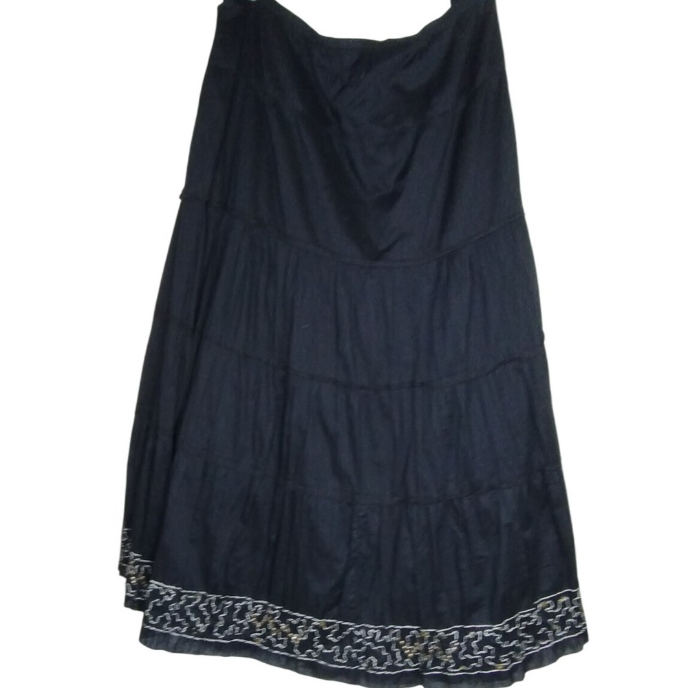 Chico's Maxi Skirt Embroidered Tiered Cotton Blend Black Size 2